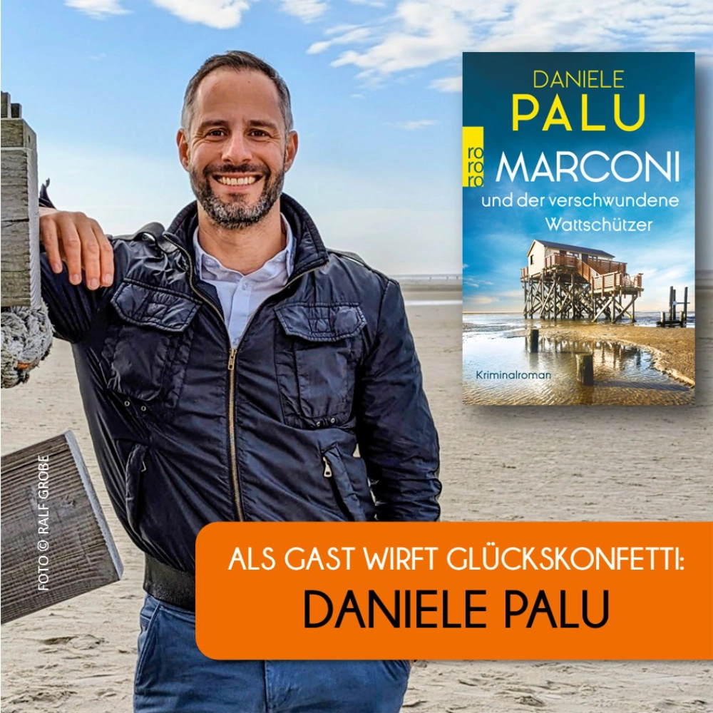 Das Bild zeigt links den Krimiautor Daniele Palu und rechts daneben das Cover seines aktuellen Krimis, MARCONI UND DER VERSCHWUNDENE WATT-SCHÜTZER.