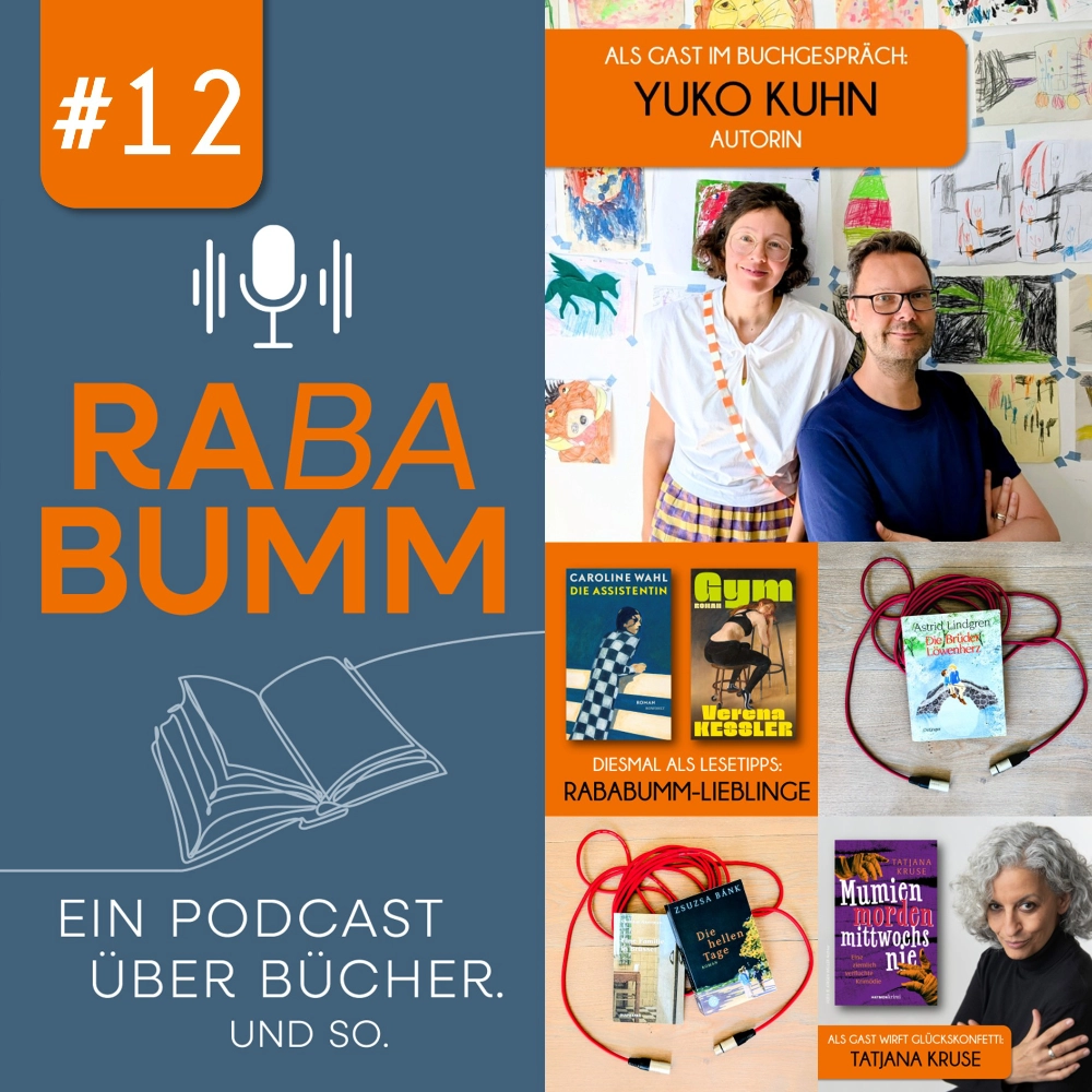 Das Bild zeigt links das Logo des Buchpodcast RABABUMM und rechts daneben eine Collage aus verschiedenen Fotos, die im Zusammenhang mit der Episode stehen.