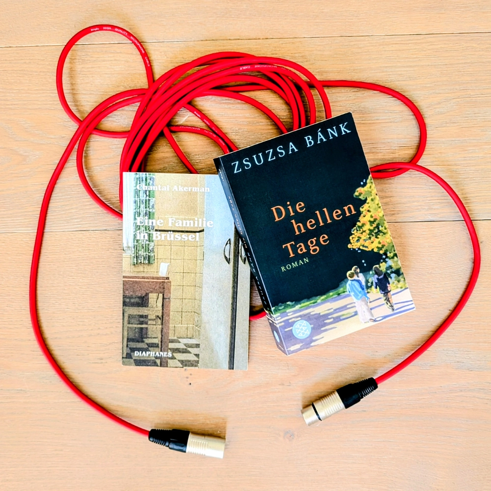 Das Bild zeigt links das Buch EINE FAMILIE IN BRÜSSEL von Chantal Akerman und rechts daneben DIE HELLEN TAGE von Zsuzsa Bánk; beide Bücher liegen auf einem roten Mikrofonkabel.