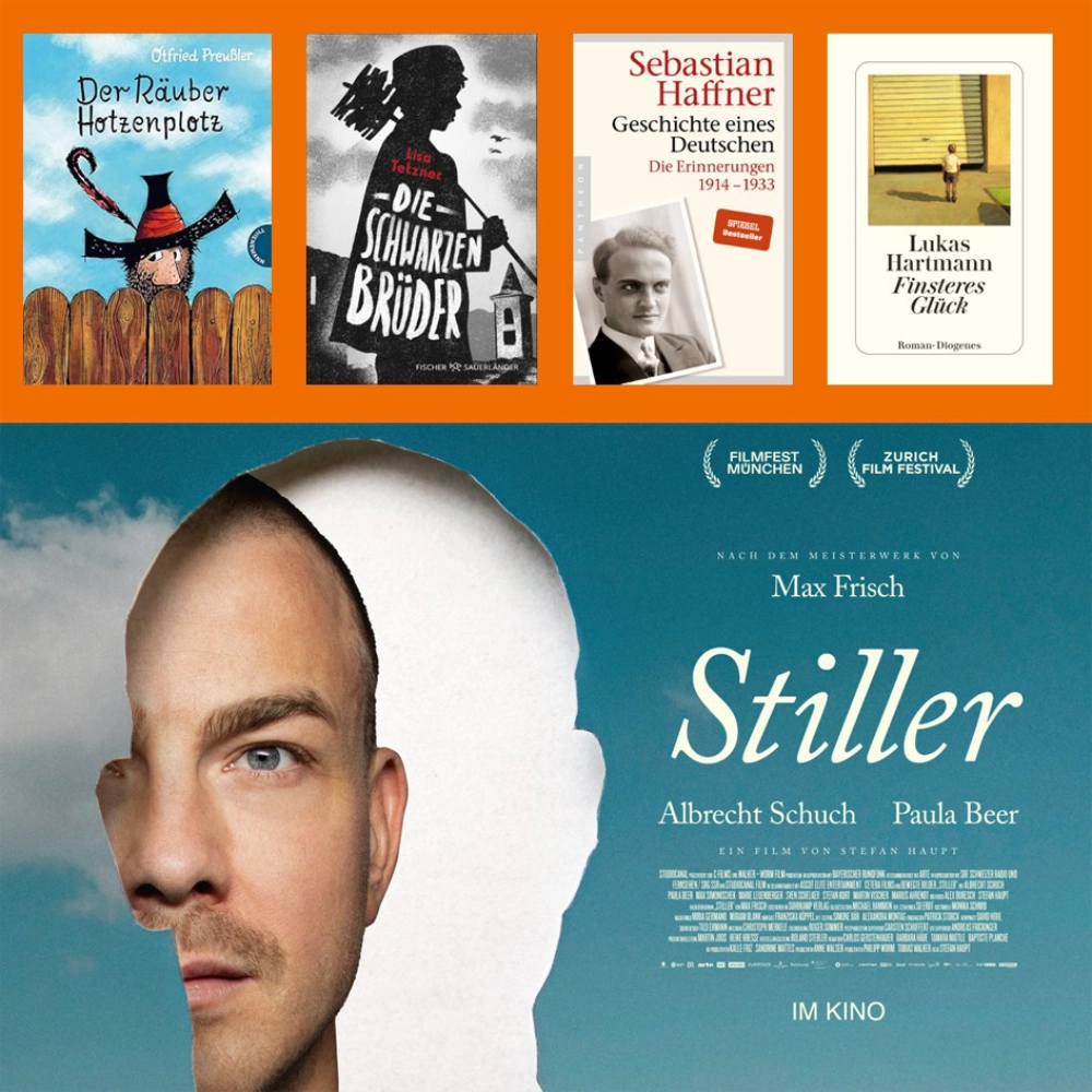 Die Collage zeigt unten einen Ausschnitt aus dem Plakat des Films STILLER und darüber die vier Umschläge der Bücher, die der Regisseur Stefan Haupt im Podcast empfiehlt: DER RÄUBER HOTZENPLOTZ von Otfried Preußler, DIE SCHWARZEN BRÜDER von Lisa Tetzner, GESCHICHTE EINES DEUTSCHEN von Sebastian Haffner und FINSTERES GLÜCK von Lukas Hartmann.