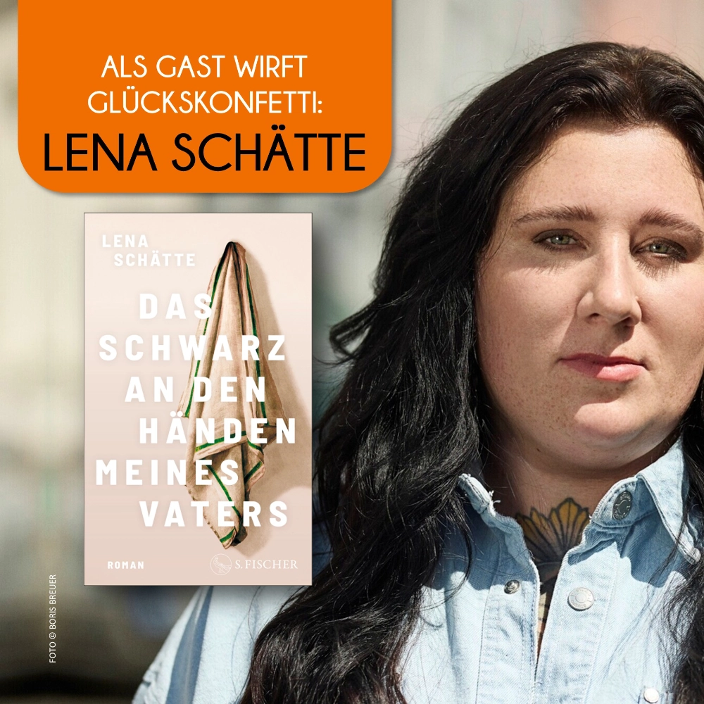 Das Bild zeigt rechts die Autorin Lena Schätte und links daneben den Umschlag ihres Romans DAS SCHWARZ UNTER DEN HÄNDEN MEINES VATERS, erschienen im Fischer-Verlag.