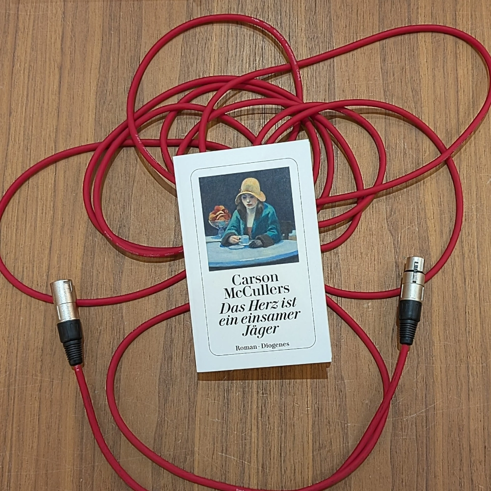 Das Foto zeigt den Roman DAS HERZ IST EIN EINSAMER JÄGER von Carson McCullers, der in der Übersetzung von Susanne Rademacher erschienen ist bei Diogenes. Das Buch liegt auf einem roten Mikrofonkabel.