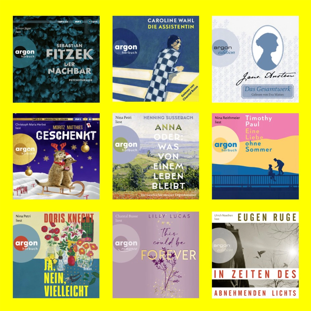Das Bild zeigt die Cover diverser Hörbuchcover, die bei Argon veröffentlicht wurden.