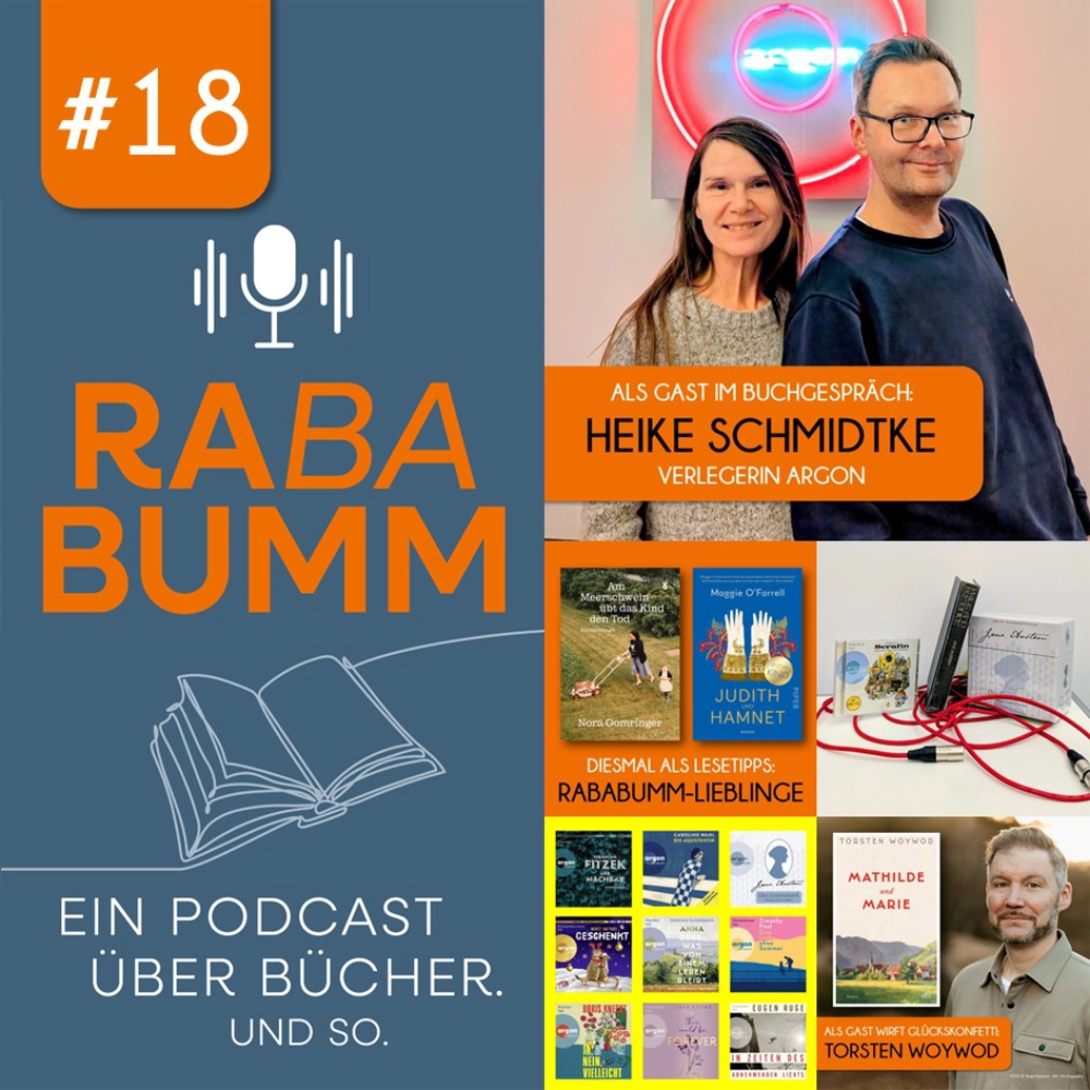 Das Bild zeigt links das Logo des Buch-Podcast RABABUMM und rechts daneben eine Collage aus Bildern, die im Zusammenhang mit der Episode stehen: Ein Foto von Heike Schmidtke, Verlegerin des Hörbuchverlags Argon, mit Podcast-Host Timothy Paul Sonderhüsken, die Buchcover der Lesetipps AM MEERSCHWEIN ÜBT DAS KIND DEN TOD von Nora Gomringer und JUDITH UND HAMNET von Maggie O'Farrell, diverse Cover von Hörbücher, die bei Argon erschienen sind, und ein Autorenfoto von Torsten Woywod neben dem Cover seines Romans MATHILDE UND MARIE.