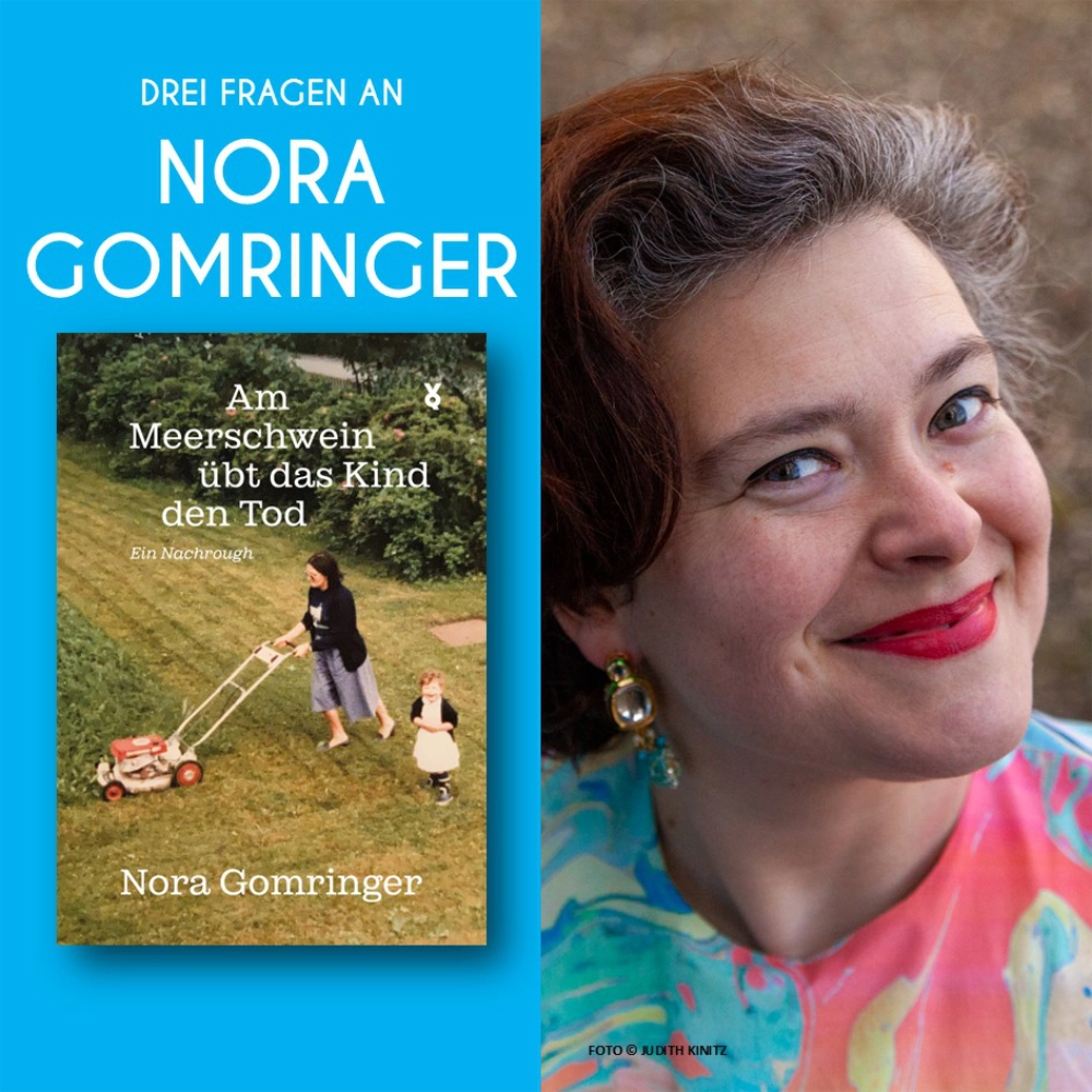 Das Bild zeigt links das Cover des Buchs „Am Meerschwein übt das Kind den Tod“ und rechts ein Portraitfoto der Autorin Nora Gomringer.