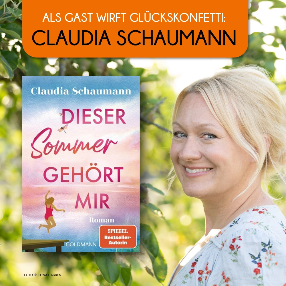 Das Foto zeigt rechts die Autorin Claudia Schaumann und links daneben das Cover ihres Romans DIESER SOMMER GEHÖRT MIR.