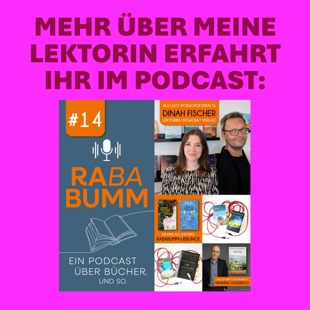 Das Bild zeigt das Cover der vierzehnten Episode des Buch-Podcast Rababumm, auf dem neben dem Schriftzug diverse Bilder zu sehen sind, die im Zusammenhang mit der Episode stehen, unter anderem einem Bild von Lektorin Dinah Fischer mit Autor Timothy Paul.