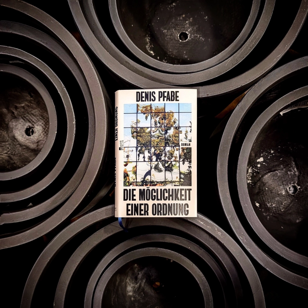 Das Foto zeigt die Hardcover-Ausgabe des Romans „Die Möglichkeit einer Ordnung“ von Denis Pfabe, der bei Rowohlt Berlin veröffentlicht wurde. Das Buch liegt auf verschiedengroßen schwarzen Pflanztöpfen in der Gartenabteilung eines Baumarkts.