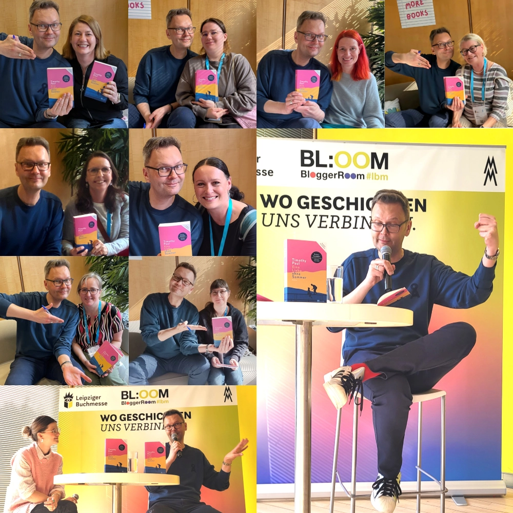 Die Collage zeigt verschiedene Schnappschüsse, die während der Leipziger Buchmesse 2026 auf einem Blogger-Event zum Roman EINE LIEBE OHNE SOMMER aufgenommen wurden; sie zeigen den Autor Timothy Paul gemeinsam mit der Moderation Tina Lurz und verschiedenen Bloggerinnen.