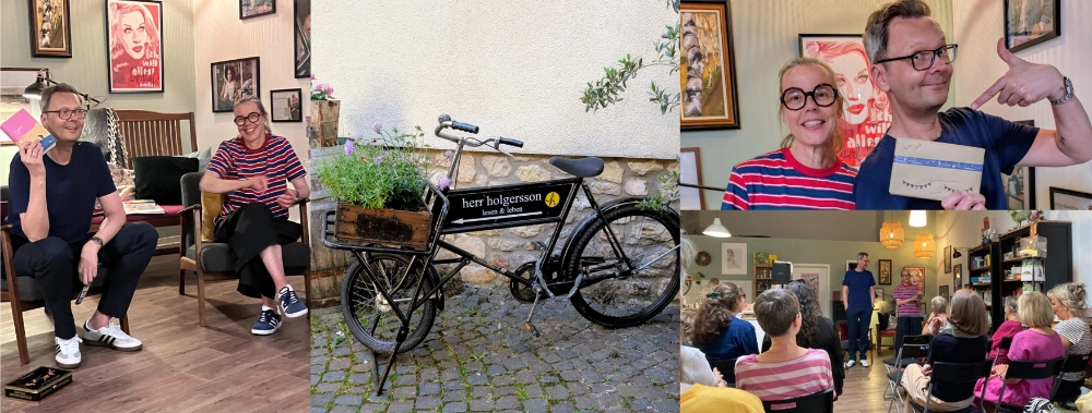 Das Banner zeigt eine Collage aus Fotos, die bei der Buchpremiere des Romans "Eine Liebe ohne Sommer" in der Buchhandlung Herr Holgersson in Gau-Algesheim entstanden sind; unter anderem sieht man den Autor Timothy Paul gemeinsam mit der Buchhändlerin Sabine Kruesemer, ein Fahrrad mit dem Firmenlogo und einen Blick von der letzten Reihe der Veranstaltung aus, auf dem man über die Köpfe der Gäste hinweg auf Buchhändlerin und Autor schaut.