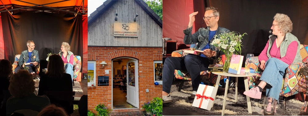 Das Banner zeigt eine Collage aus drei Fotos, die bei der Lesung aus dem Roman "Eine Liebe ohne Sommer" in der Hofbuchhandlung Wellmann in Wagenburg entstanden sind: die Fassade der Buchhandlung und zwei Schnappschüsse aus dem Lesungszelt, in dem Autor Timothy Paul und Buchhändlerin Kathrin Wellmann auf der Bühne sitzen.