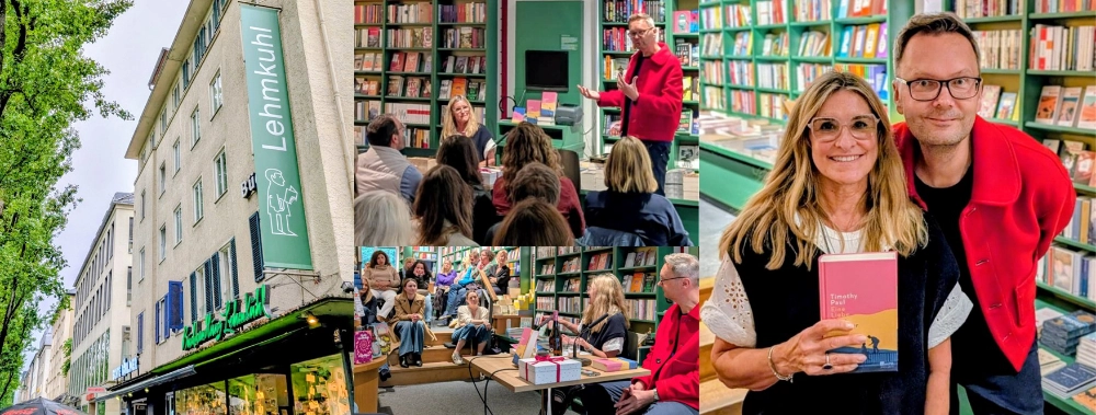 Das Banner zeigt eine Collage aus verschiedenen Schnappschüssen, die während der Lesung aus dem Roman "Eine Liebe ohne Sommer" in der Buchhandlung Lehmkuhl in München entstanden sind. Die Fotos zeigen die Ladenfassade, den Autor Timothy Paul gemeinsam mit der Buchhändlerin Brigitte Giesler und zwei Aufnahmen, die diese beiden Personen vor dem Publikum stehend zeigen.