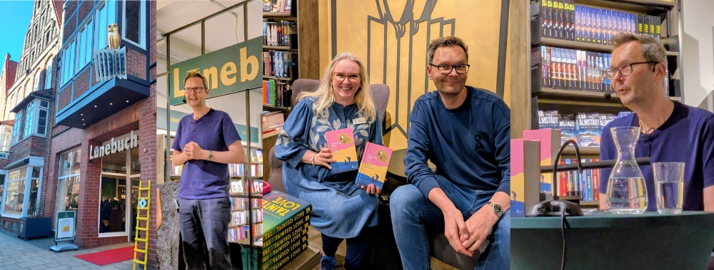 Das Banner zeigt Schnappschüsse, die bei der Lesung aus dem Roman "Eine Liebe ohne Sommer" in der Buchhandlung Lünebuch in Lüneburg entstanden sind - sie zeigen die Ladenfront, den Autor Timothy Paul neben und hinter dem Rednerpult und gemeinsam mit der Buchhändlerin Sandra Bartmann.