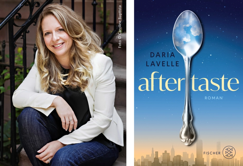 Das Bild zeigt links das Autorinnenfoto von Daria Lavelle und rechts daneben das deutsche Cover ihres Romans AFTERTASTE.