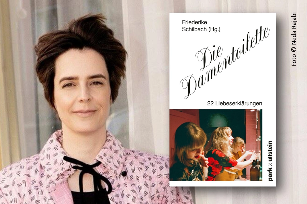 Das Bild zeigt links die Lektorin und Programmleiterin Friederike Schilbach und rechts daneben das von ihr herausgegebene Buch DIE DAMENTOILETTE.