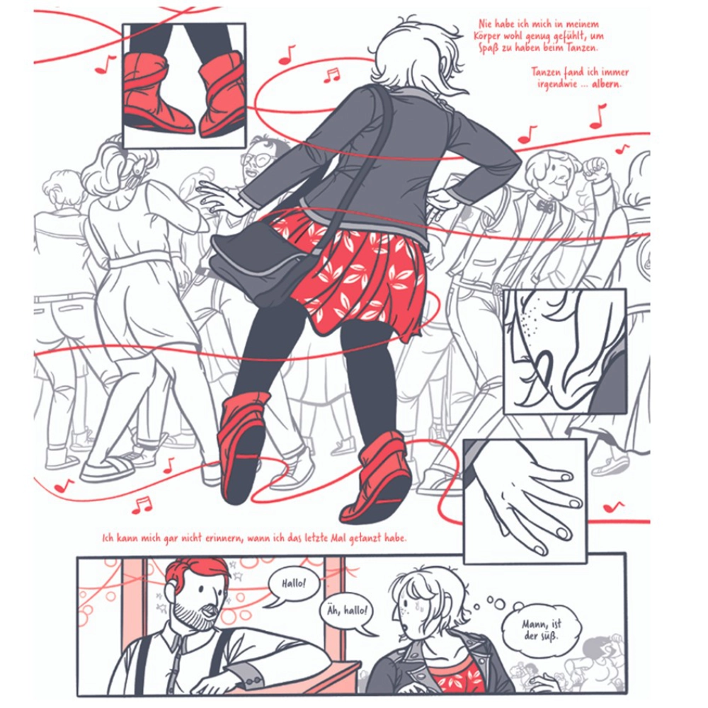 Das Bild zeigt eine Seite aus der Graphic Novel "Heartcore" von Štěpánka Jislová. Zu sehen ist eine Frau, die in einer Menschenmenge zu tanzen beginnt und sich darin verliert. Dazu gibt es den Text: "Nie habe ich mich in meinem Körper wohl genug gefühlt, um Spaß zu haben beim Tanzen. Tanzen fand ich immer irgendwie ... albern. Ich kann mich gar nicht erinnern, wann ich das letzten Mal getanzt habe." - Darunter gibt es noch ein Bild; die Frau ist inzwischen an die Bar gegangen, wo der Barkeeper zu ihr sagt: "Hallo." Sie antwortet mit "Äh, hallo." Und denkt: "Mann, ist der süß."