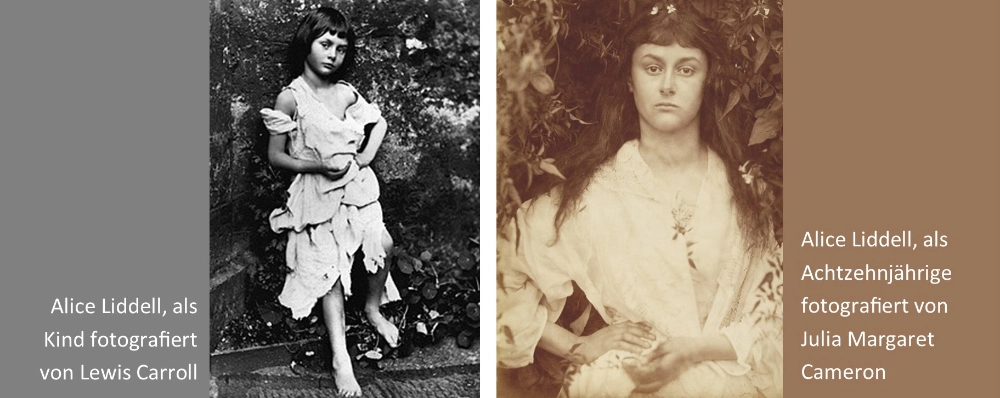 Das Banner zeigt zwei Fotografien der Alice Liddell: Links aufgenommen als Kind von Lewis Carroll, rechts als Achtzehnjährige aufgenommen von Julia Margaret Cameron.