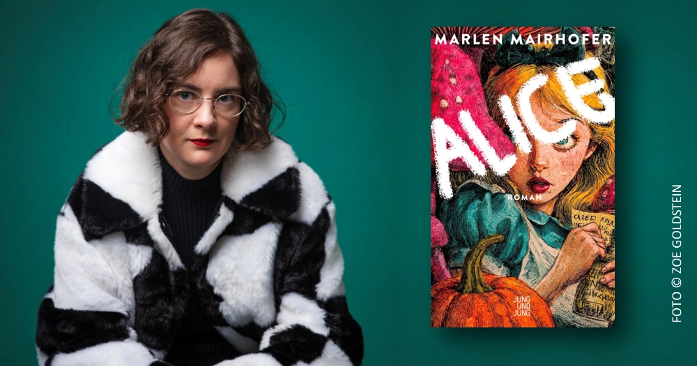 Das Banner zeigt links die Autorin Marlen Mairhofer und rechts daneben den Umschlag ihres Romans "Alice".