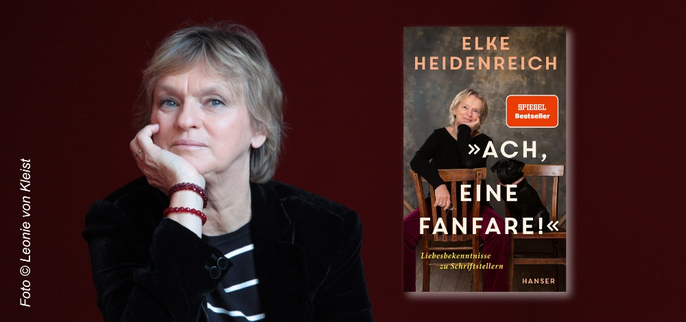Das Banner zeigt links ein Foto der Autorin Elke Heidenreich und rechts daneben den Umschlag ihres Buchs "Ach, eine Fanfare!".